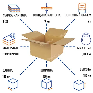 Картонная коробка 180х150х150 мм, Т-22 бурый