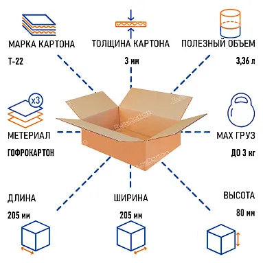Картонная коробка 205х205х80 мм, Т-22 бурый