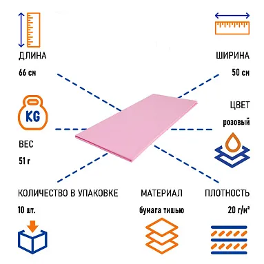Бумага тишью розовая, 50х66 см, 10 листов