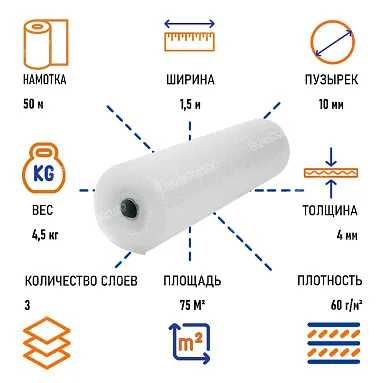 Пленка воздушно пузырчатая "Стандарт плюс" трехслойная, 1.5 х 50 м