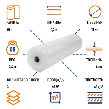 Пленка воздушно пузырчатая "Стандарт плюс" трехслойная, 1.2 х 50 м