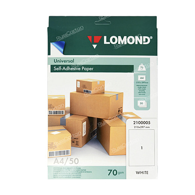 Самоклеящаяся бумага LOMOND белая, А4, 50 л, 1 этикетка, 210x297 мм