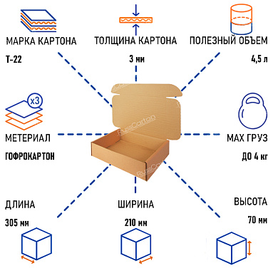 Картонный короб №70, 305х210х70 мм, Т-22 бурый