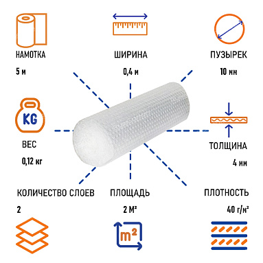 Пленка воздушно пузырчатая "Мини" двухслойная, 0.4 х 5 м