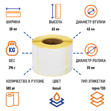Термоэтикетки самоклеящиеся ТермоTOP 58х60 мм, 500 этикеток в ролике