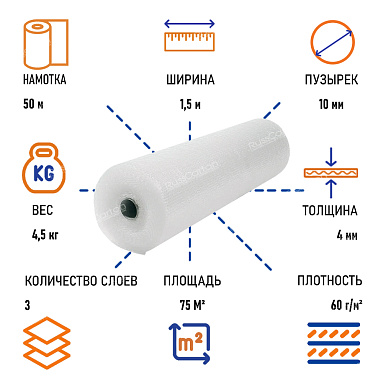 Пленка воздушно пузырчатая "Стандарт плюс" трехслойная, 1.5 х 50 м