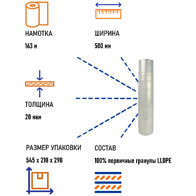 Стрейч пленка прозрачная, ширина 500 мм, толщина 20 мкм, вес 1.7 кг